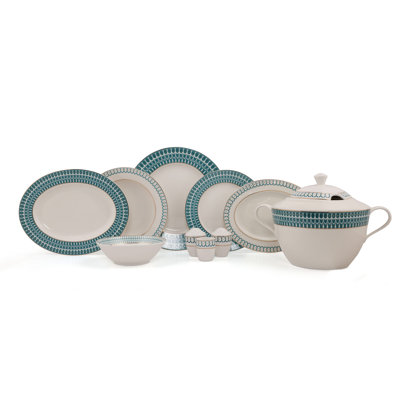 Elegant 62-Piece Dinner Set, 100% Bone China, Gold & Blue | Includes Soup Bowls, Service Plates (12), Deep Plates (12), Dessert Plates (12), Bowls (12), Platters (2), Salt & Pepper Shakers, Toothpick Holders | Perfect for Special Occasions