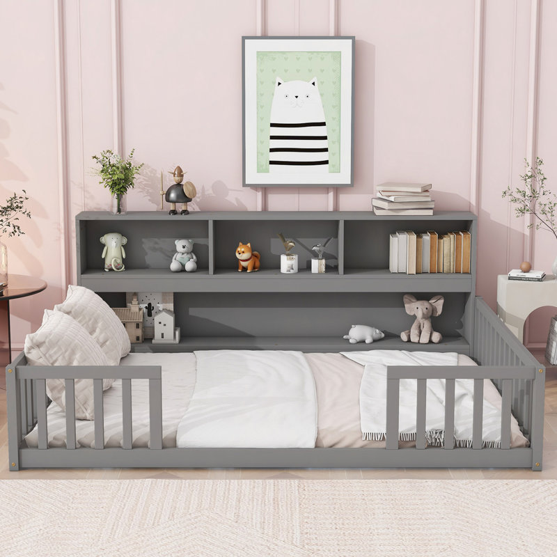 Floor Bed With Side Bookcase,Shelves,Guardrails, Gray, Full