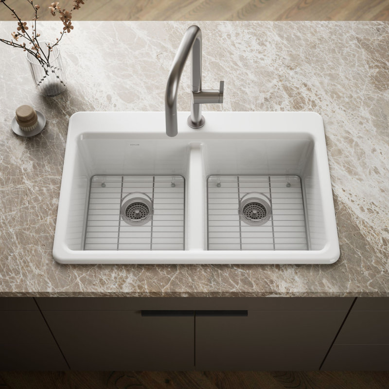 Riverby 33 In. Top-Mount Double-Bowl Kitchen Sink, 1 hole, White, Double-equal bowls