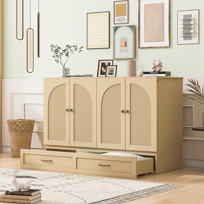 Lit escamotable double avec grands tiroirs de rangement, finition dorée, lit escamotable mural peu encombrant
