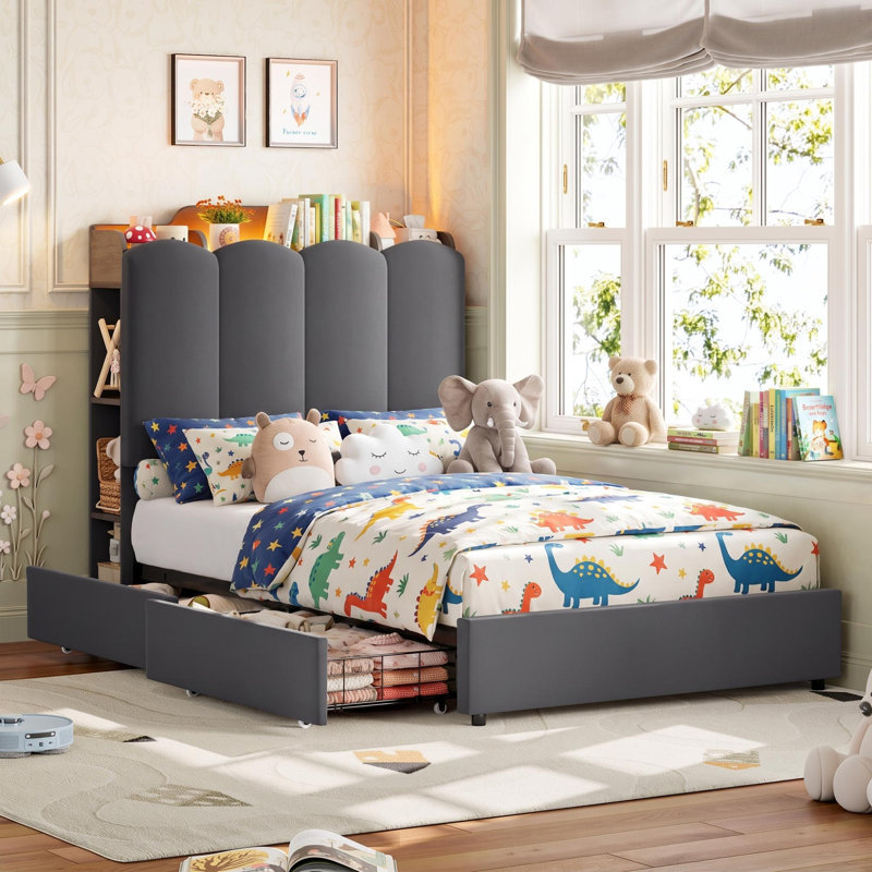 Structure de lit tapissier à DEL pour enfants avec tiroir de rangement, lit plateforme Princess avec tête de lit réglable, taille simple