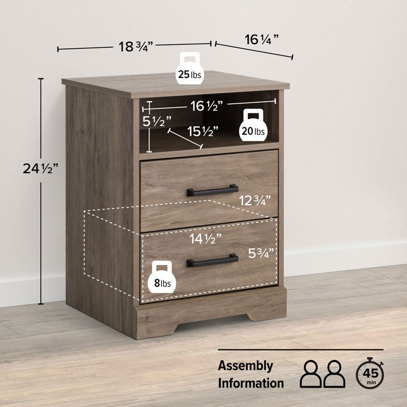 Yazeed 18.75" Wide 2-Drawer Nightstand, Farmhouse Bedside End Table with 2 Drawers, Storage for Bedroom, Office, Living Room, 16.25" D x 18.75" W x 24.5" H, Drifted Gray