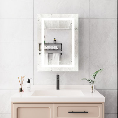 Armoire de salle de bain à miroir 20 po x 28 po à fixation murale. Brouillard, imperméable, à intensité variable. 3000k ~ 6000k, interrupteur tactile, porte simple, tablette de rangement à intensité variable, 3000k 6000k, thermolaqué