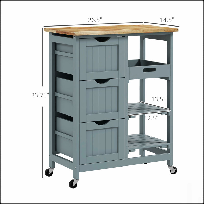 Chariot pour îlot de cuisine roulant avec plateau en bois, tablettes et tiroirs pour les espaces de repas compacts