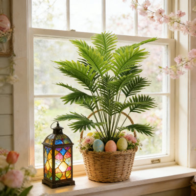Feuilles de palmier artificielles 25 po - Ensemble de 2 tiges de verdure tropicales pour la décoration intérieure et extérieure, feuilles de palmier artificielles résistantes aux rayons UV pour les arrangements de mariage, de fête, de maison et de jardin