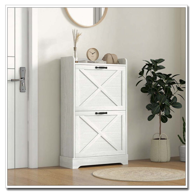 Armoire à chaussures mince pour entrée ferme avec 2 tiroirs rabattables et tablettes réglables