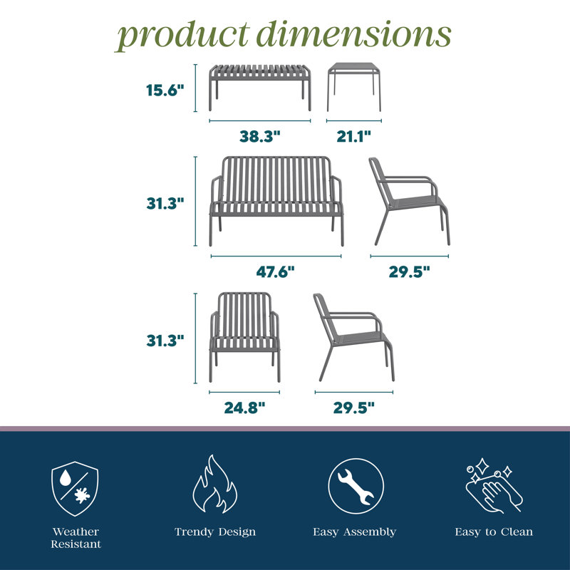 Ola 4-Piece All Steel Conversation Set, Charcoal