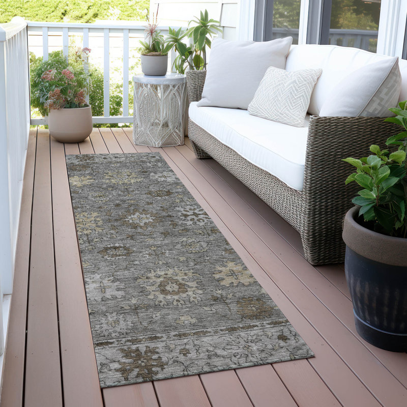 Machine Washable Indoor/Outdoor Xhevrie Pewter Rug, Runner 2'3" x 7'6"