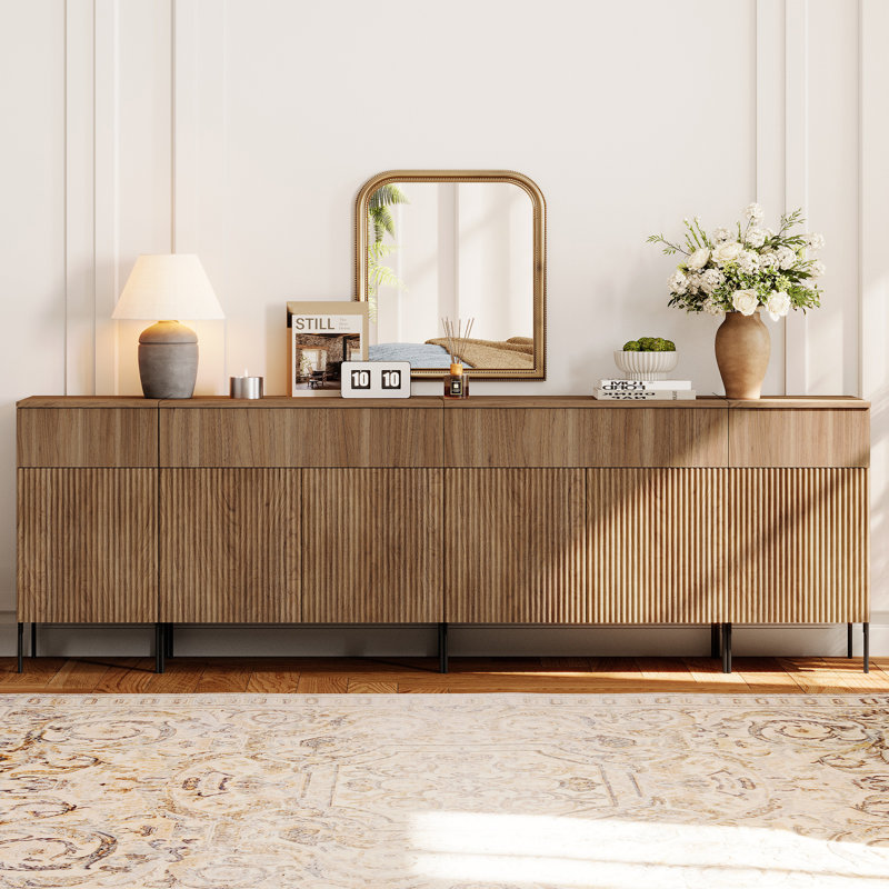 94.5" Modern Wood 4-Drawer Dresser With Reeded Design, Minimalist Dresser Organizer Storage Cabinet With Charging Station For Bedroom,Living Room, Entryway