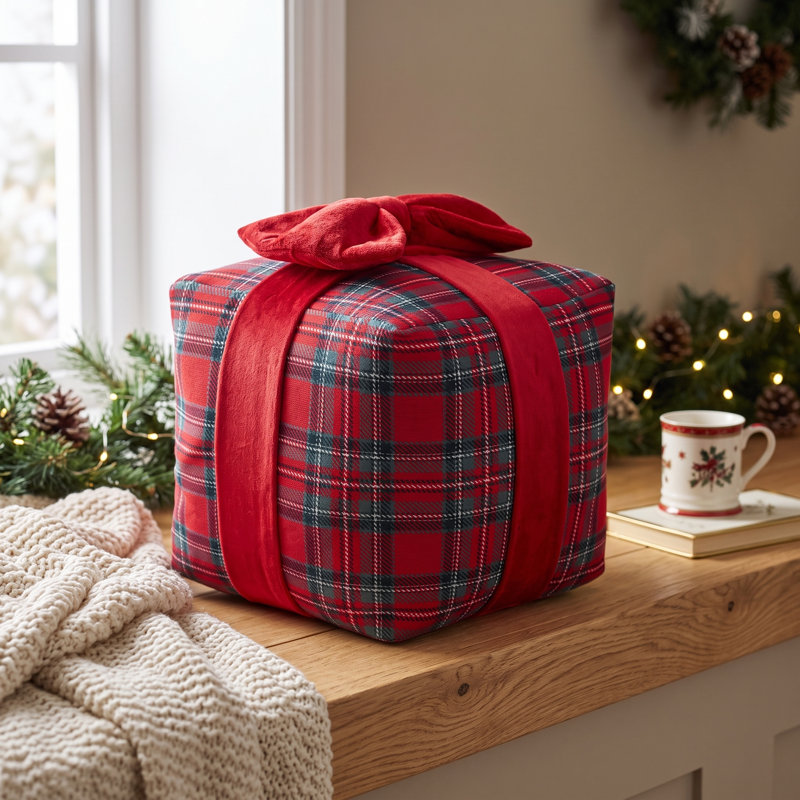 Christmas Throw Pillow Shaped Like a Gift Box, Red Plaid Tartan Knit 3D Decorative Accent Pillow with Bow, 10 x 10 Inch