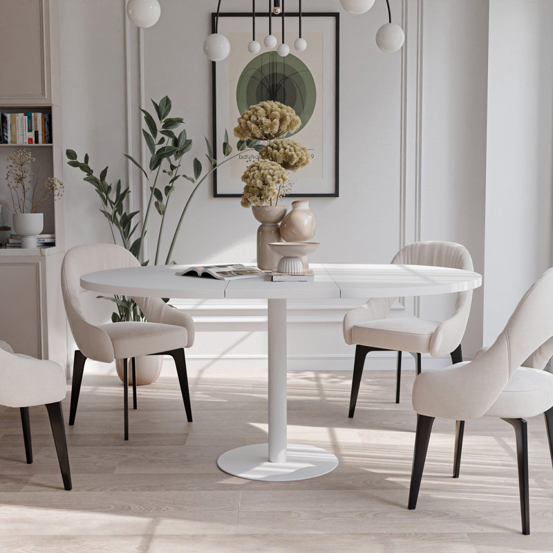 Extendable Round Dining Table, Arctic White, White