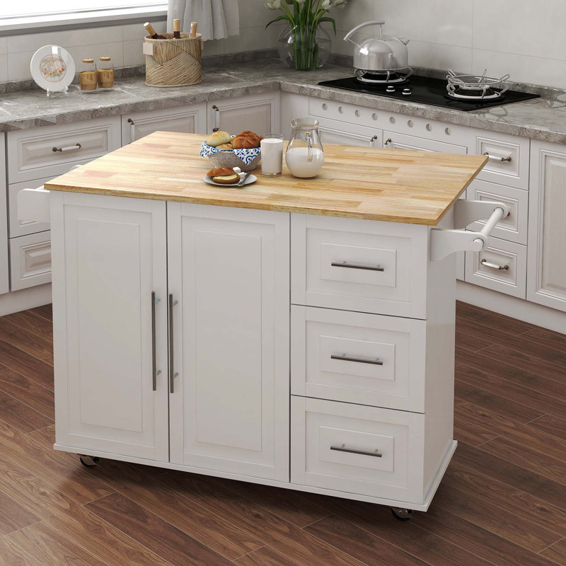 Îlot de cuisine avec support à épices, porte-serviettes et plateau de table en bois massif extensible - blanc, Blanc