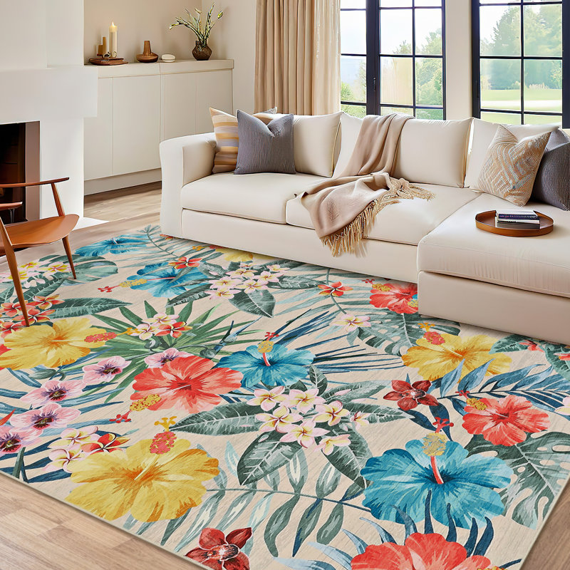 Tapis de salon : Tapis bohème lavable à motif floral pour salon, Beige, Rectangle 10 pi x 13 pi