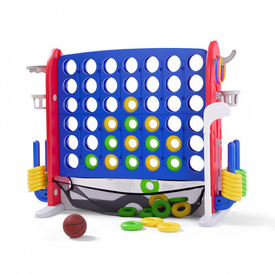 Giant 4-in-A-Row Yard Game – Adjustable Height Jumbo Connect Four with Quick Release, Basketball & Ring Toss & Net