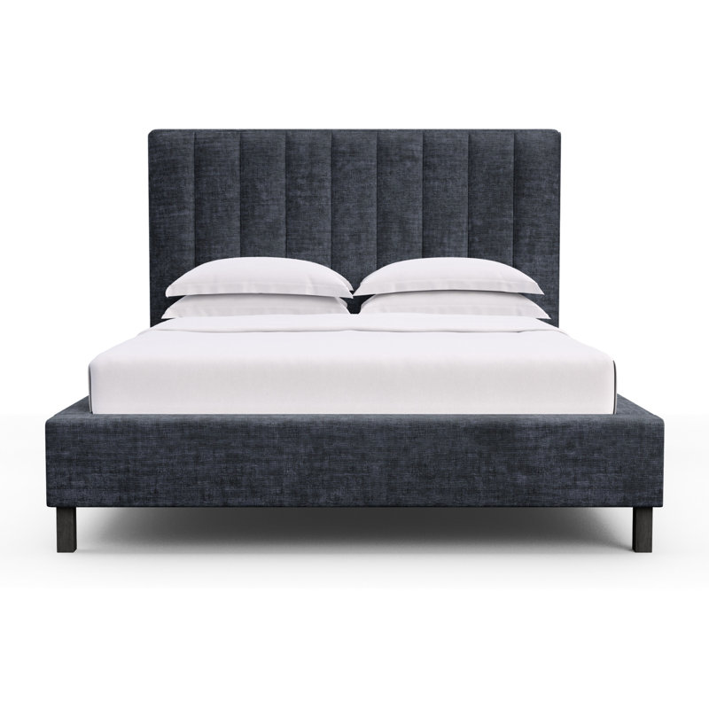 Highline Upholstered Bed, Queen, Plush Velvet Blue Print, Ebony