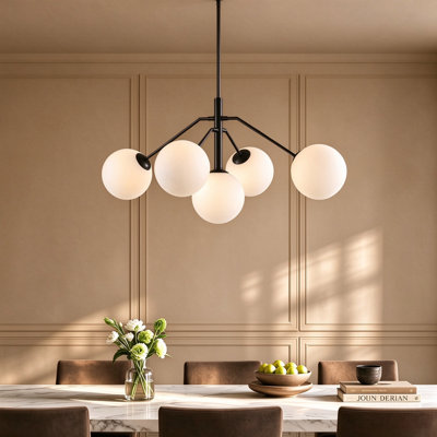 5- Light Modern Black Sputnik Chandelier With White Glass Globe Shade For Kitchen Island Dining Room Living Room