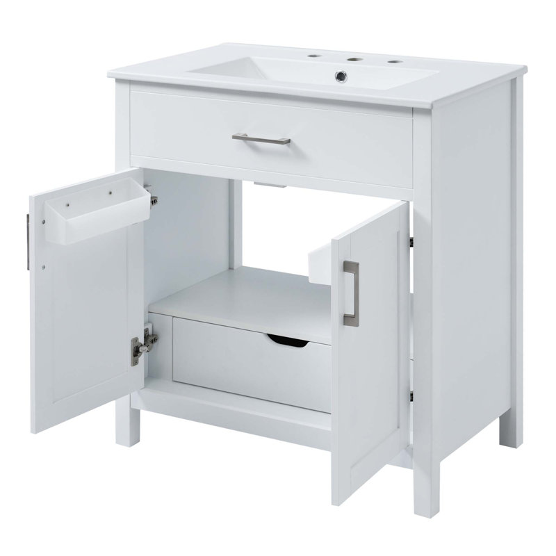 Meuble-lavabo de salle de bain avec lavabo en céramique, 2 portes et 1 tiroir caché, Blanc