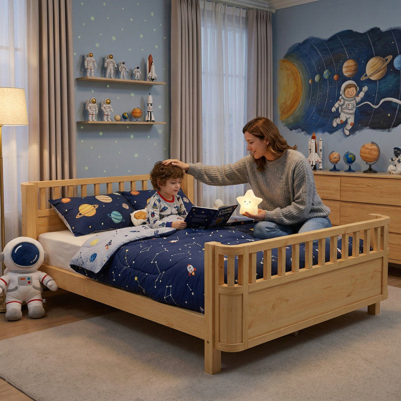 Lit plateforme double en bois pour enfants, convient aux garçons et aux filles, finition naturelle, Naturel