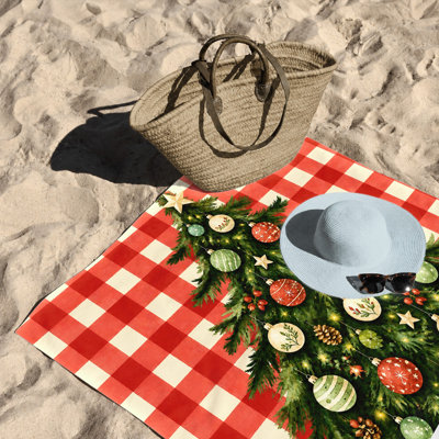 1Pcs Christmas Tree Beach Towel, featuring a festive decorated with ornaments and pine cones against red white buffalo plaid background. Large microfiber for, pool, travel, unisex holiday design.