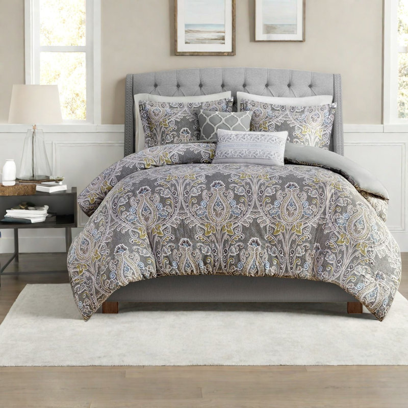 Ensembles de literie pour lit très grand en coton de première qualité, style moderne damassé gris pour la maison