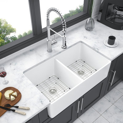 White Farmhouse Sink - 32 X 20 X 9 Inches Ceramic Porcelain Double Bowl Farm Apron Front Kitchen Sink
