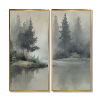 «Green Pine Trees Mist Lake Morning», impressions sur toile brumeuses, art mural paysage gris 2 pièces