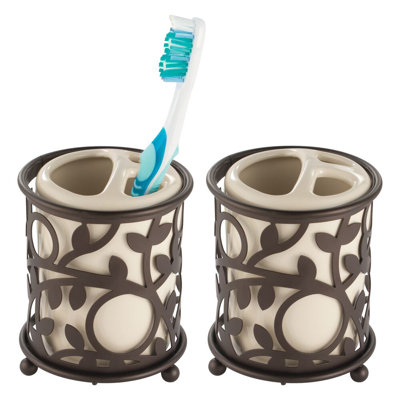 iDesign Vine Toothbrush Holder with 3 Divided Sections for Bathroom or Vanity - Set of 2 - Vanilla/Bronze