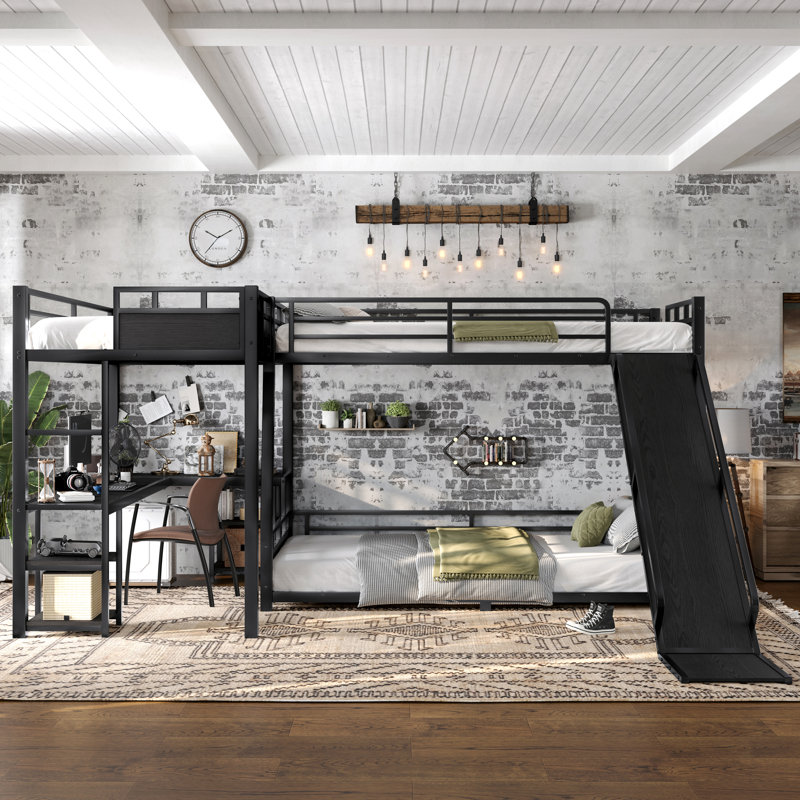 Lit superposé triple en L en forme de L, plateau double TG, lit double, lit mezzanine simple TG, bureau, tablettes, USB, glissière, noir