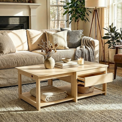 Table basse convertible en table à manger et bureau, table basse gigogne en bois naturel avec tiroir et tablette de rangement