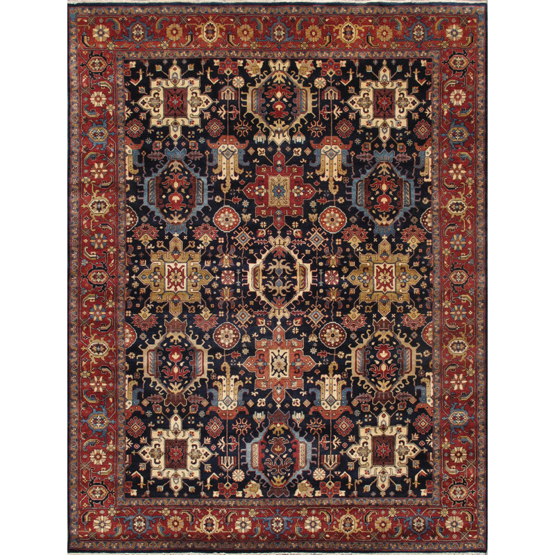 Tapis noir / rouge / brun en laine noué à la main Azerbaijan, Rectangle 7 pi 9 po x 10 pi 3 po