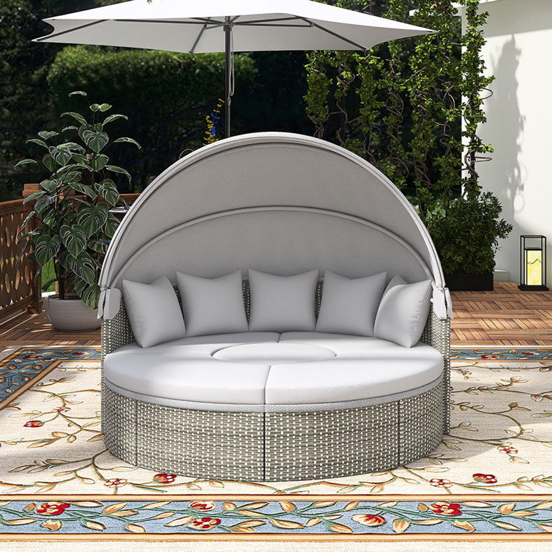 Lit de jour modulaire en rotin pour l'extérieur 5 pièces avec auvent rétractable, Grey, Gray