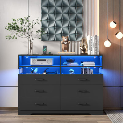 Bedroom Dresser With Led Lights And Charging Station, Modern 6 Drawers Double Dressers For Bedroom, Clothes Chest Of Drawers Storage Organizer, Black -  Wrought Studioâ¢, 0A5A76C79BE84A3FB420D08FB50F24FE