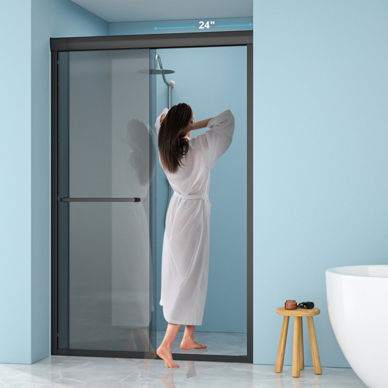 48"w X 76"h Double Sliding Glass Shower Door With 8mm Tempered Grey Glass, Matte Black 304 Stainless Steel Frame, Reversible Design, Water- Screen, 21 Handle, Wet/dry Zone Separation 76" Door,