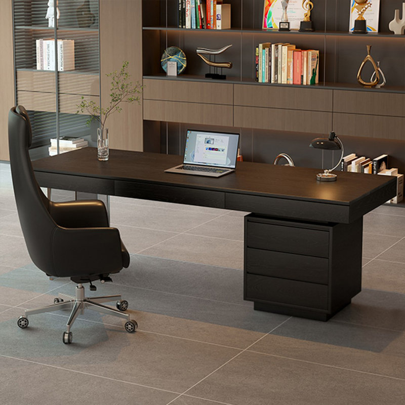 Black + Gray Rectangular Solid Wood + Acrylic with 6 drawers desk, 29.53" H x 55.12" W x 27.56" D, Right Hand Return