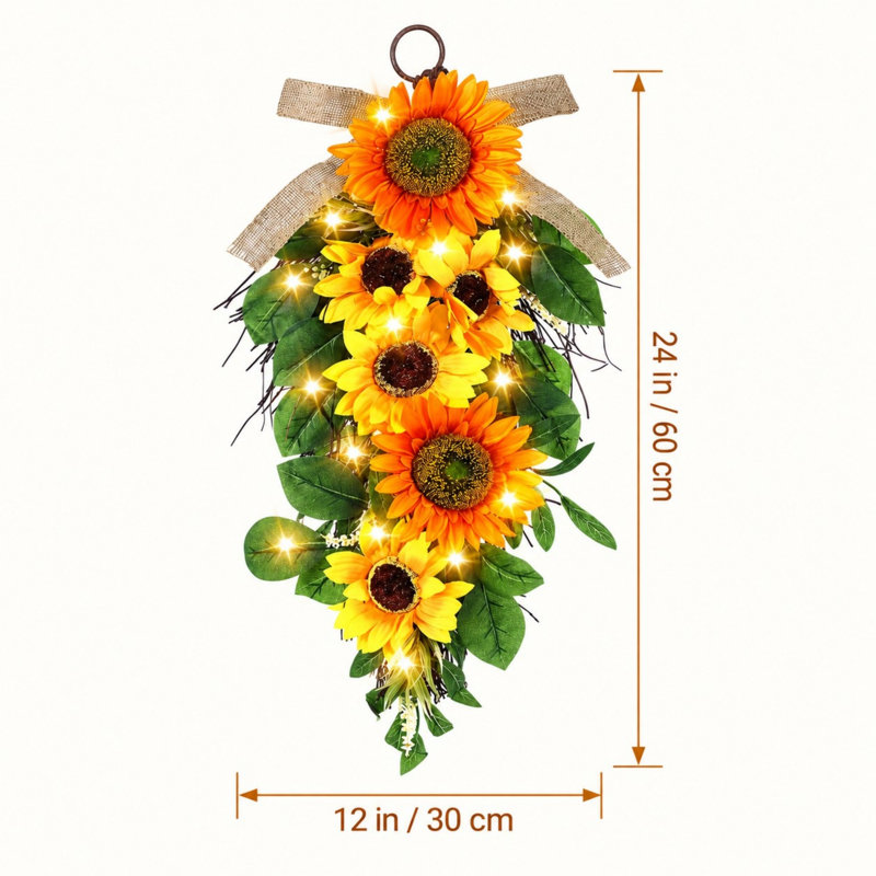 Guirlande lumineuse d'escalier en forme de tournesol, 4 pièces, 24 pouces, préilluminée, avec feuillage et nœuds en toile de jute