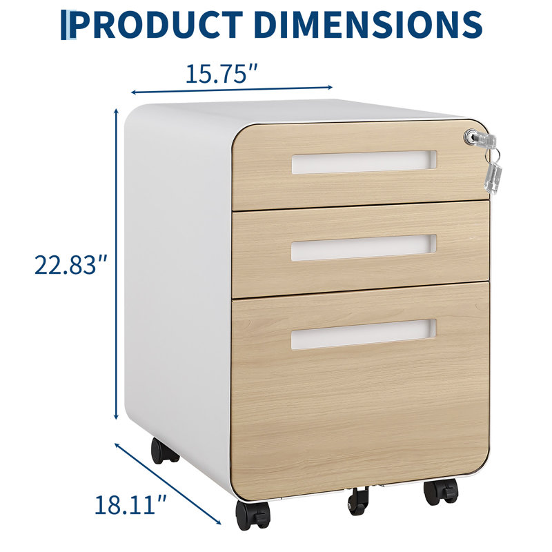 Metal Filing Cabinet with Lock, 3 Drawer Filing Cabinet with Wheels, Mobile Filing Cabinets, Tan