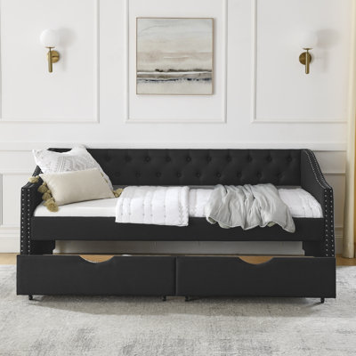 Twin SizeMid-Century Tufted Daybed with Drawers, Upholstered Sofa Bed with Buttoned Back & Copper Nailhead Trimmed Arms(81.5''x4''x30.5'')