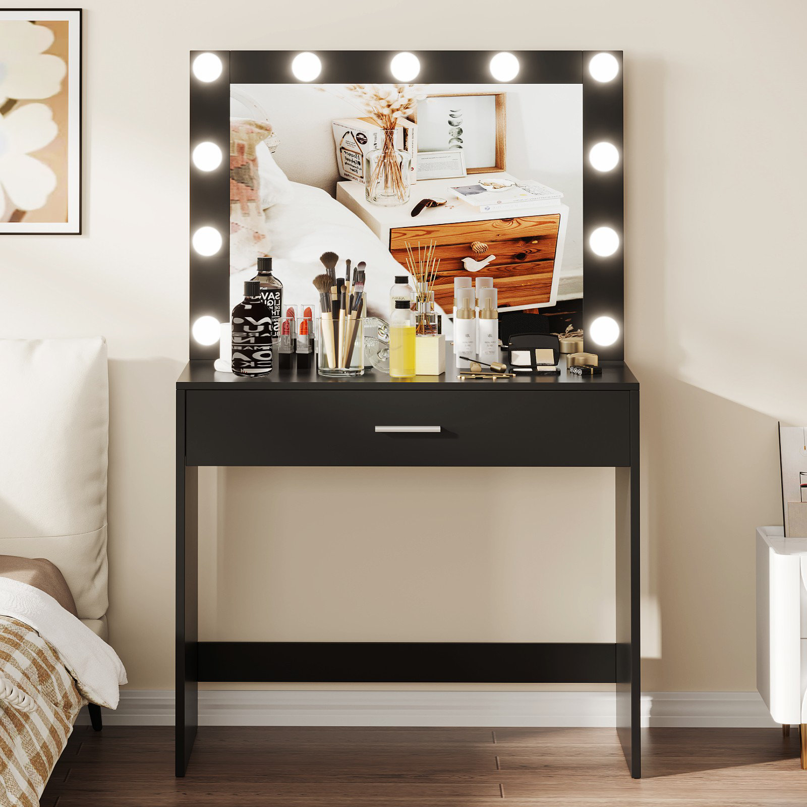 Ebern Designs Vanity Table with Large Lighted Mirror, Bedroom Dressing Desk,  3-Color Adjustable Lights & Reviews