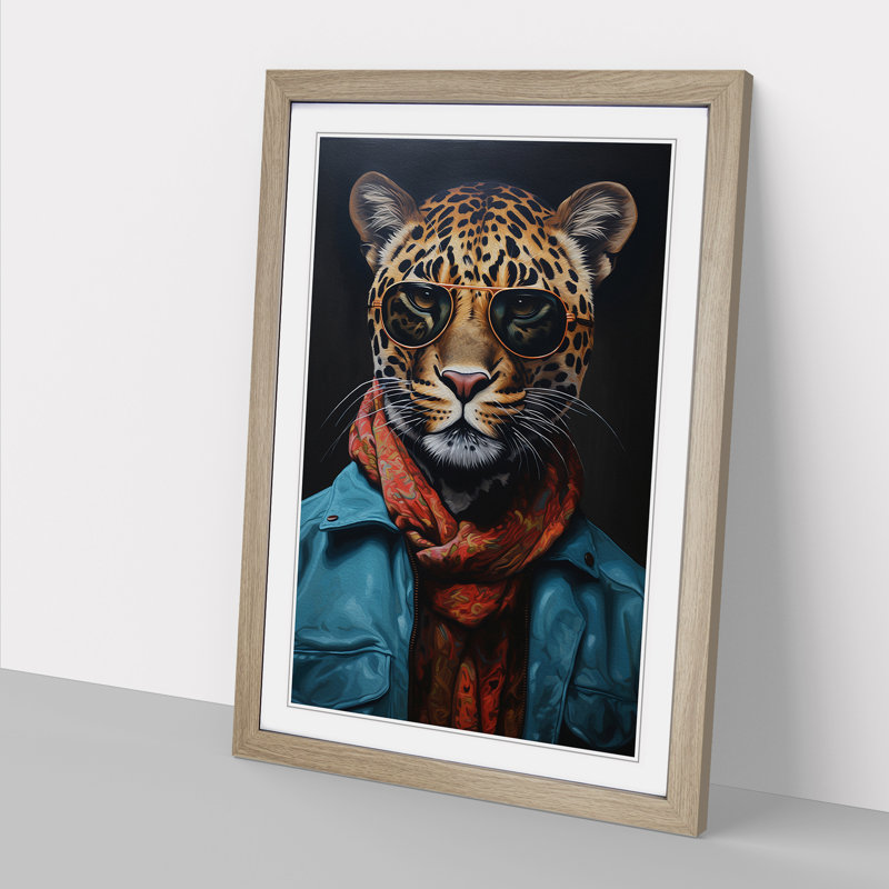 Leopard With Glasses Painting - Single Picture Frame Print on Wood, 64cm H x 46cm W x 2cm D, Oak Framed