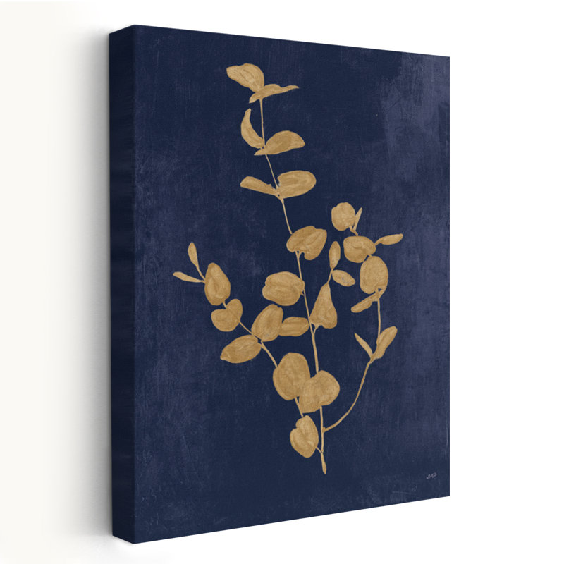 «Botanical Study II Gold» - art botanique eucalyptus bleu doré, H 60 po x l 40 po