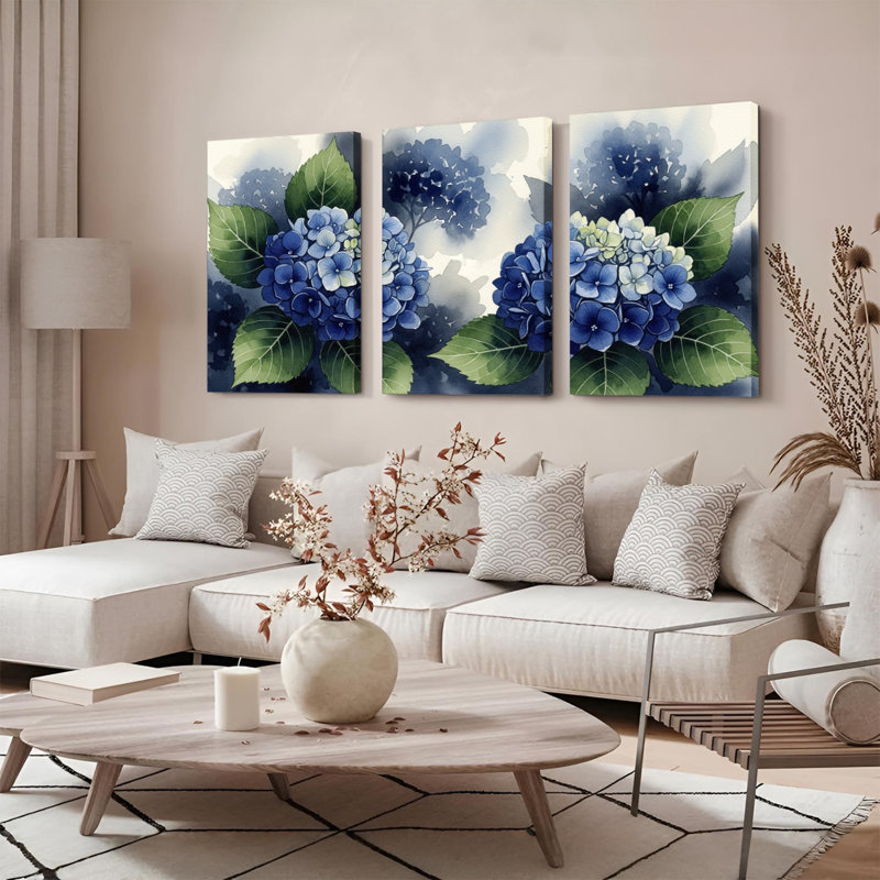 «Blue Hydrangea», reproduction d'art sur toile tendue à l'aquarelle (ensemble de 3), H 18 po x l 36 po