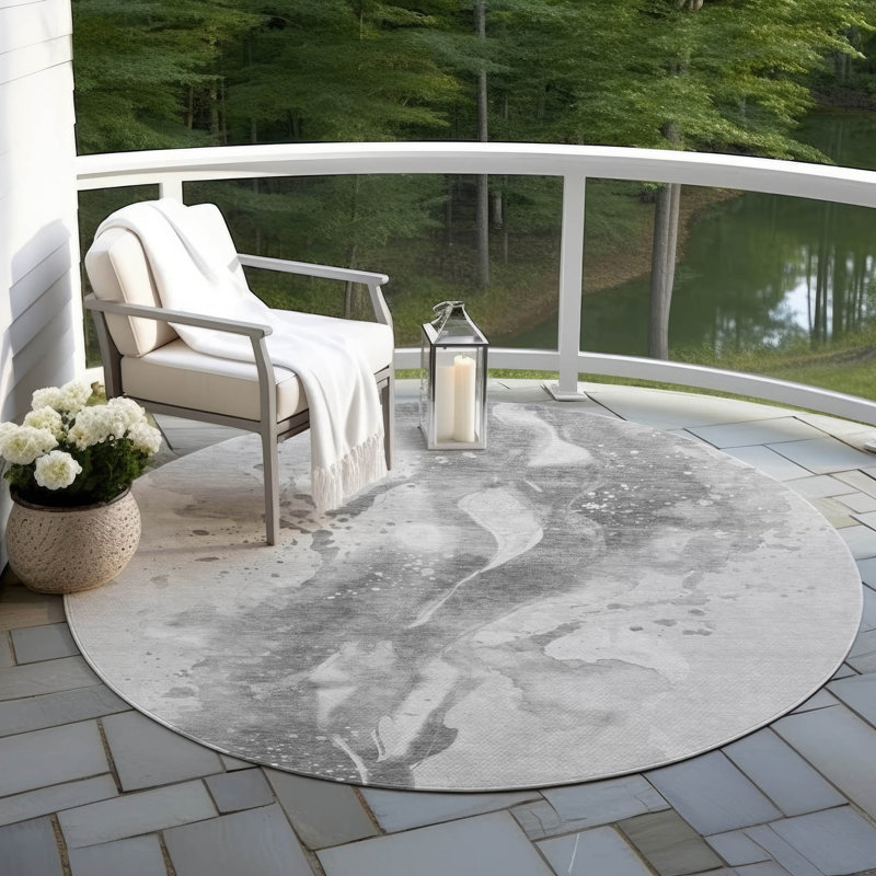 Machine Washable Indoor/Outdoor Claudian ACN1525 Gray Rug, Round 8'