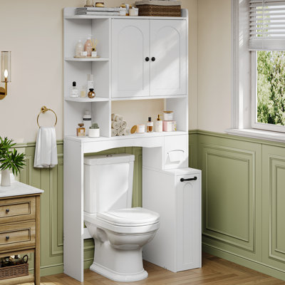 67"H Over the Toilet Bathroom Storage Cabinet with Pulley & Toilet Paper Holder, Reversible Left/Right