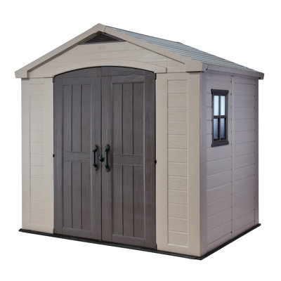 Keter Factor 8x6 ft. Durable Resin Outdoor Storage Shed With Floor and Double Doors for Garden Patio Furniture and Tools, Brown
