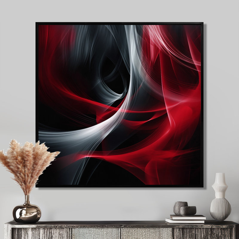 Abstrait contemplatif rouge et noir - art abstrait de vagues modernes, 44" H x 44" W, Reproduction avec cadre flottant, Noir