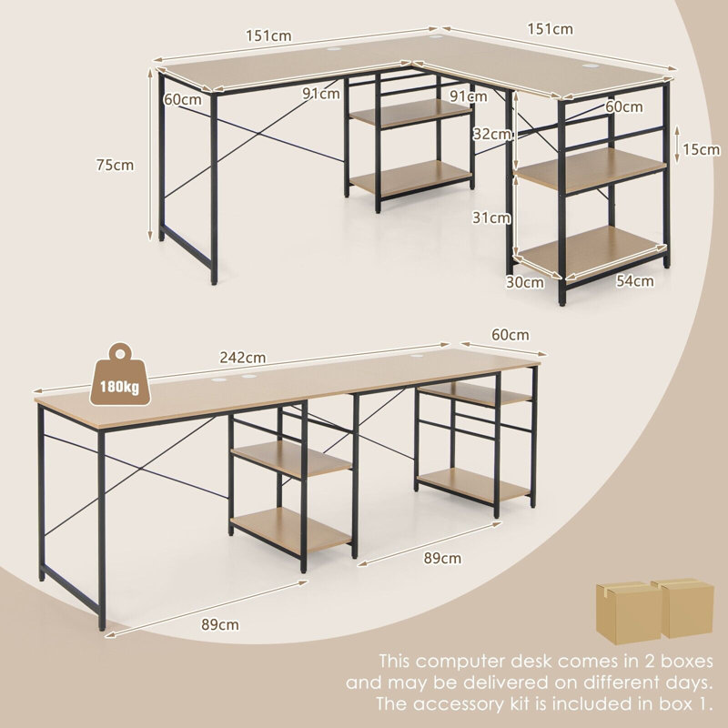Addalynne L-Shaped Metal Base Computer Desk, Natural