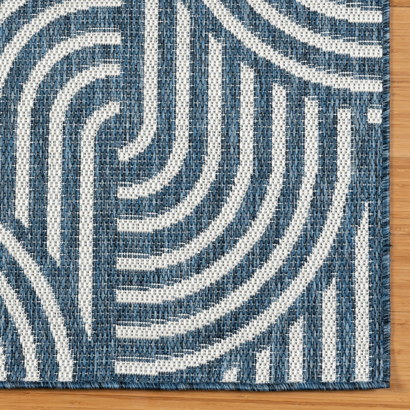 Savara Chryssi Navy Blue Ivory Cream Ivory Cream Modern Circles Indoor/ Outdoor Polypropylene Flatweave Area Rug