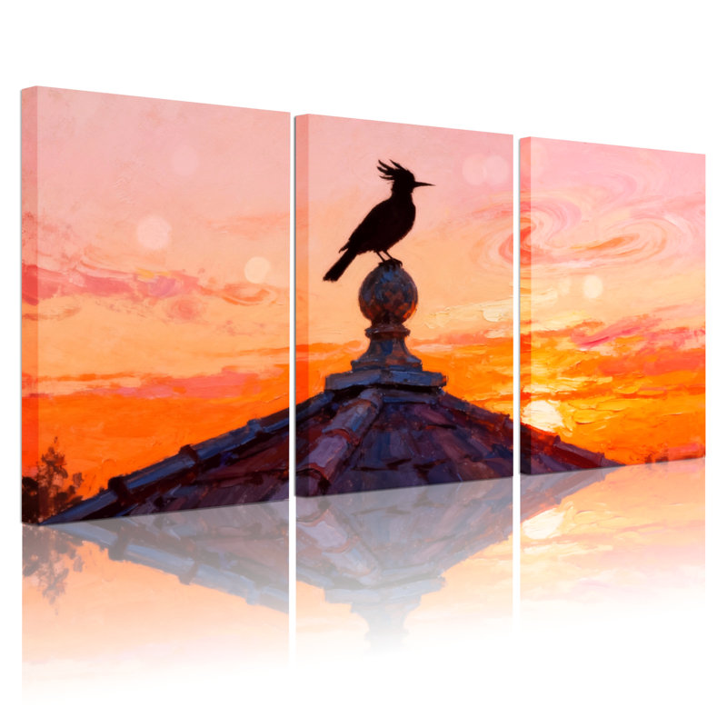 Oiseaux au coucher du soleil, H 18 po x l 36 po