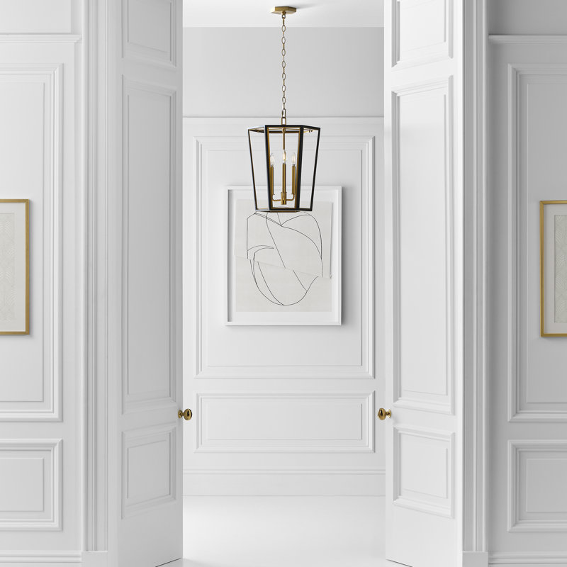 3 - Light Dimmable Lantern Geometric Chandelier, Midnight Black/Burnished Brass