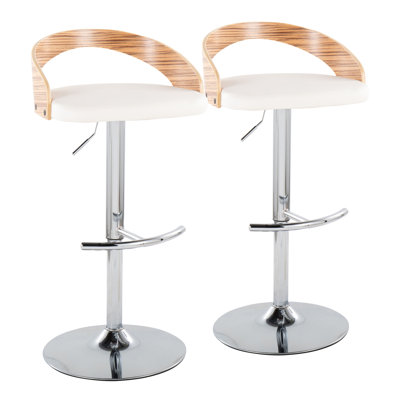 Tabouret de bar contemporain réglable avec pivot en métal chromé, bois de zèbre et similicuir blanc avec repose-pieds arrondi en T - ensemble de 2